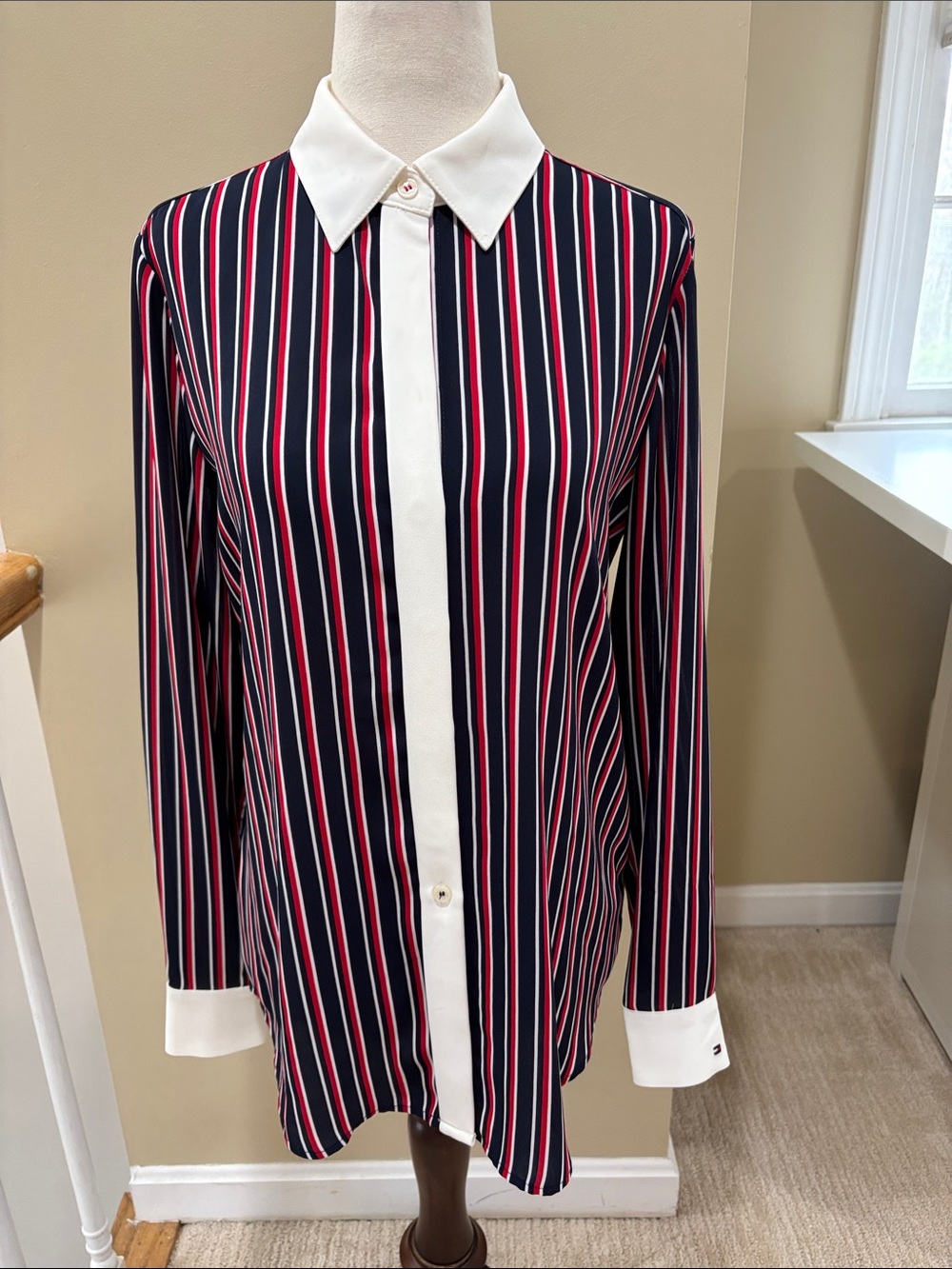 Tommy Hilfiger Navy, White & Red Striped Button-Down Shirt Women’s Size XS NWT